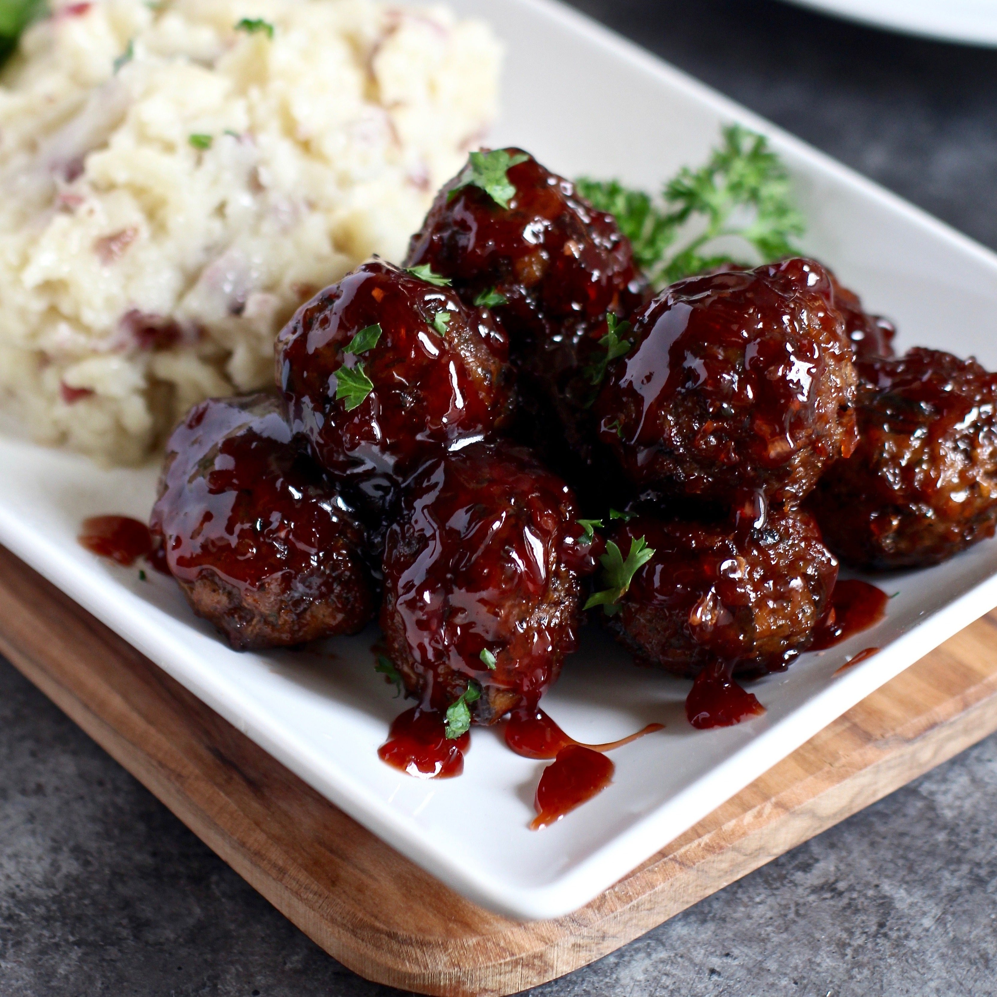 Bourbon Glazed Wild Rice Meatballs with Garlic Mashed Potatoes-CASE