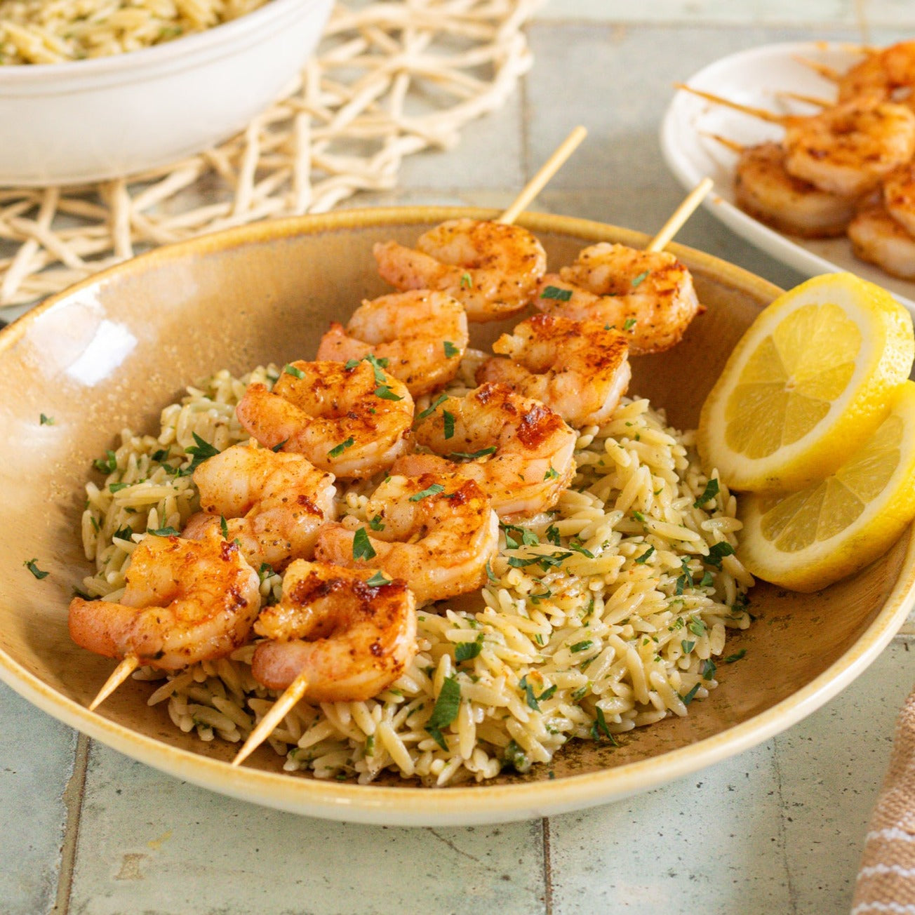 Grilled Shrimp Skewers with Garlic Parmesan Orzo - Case