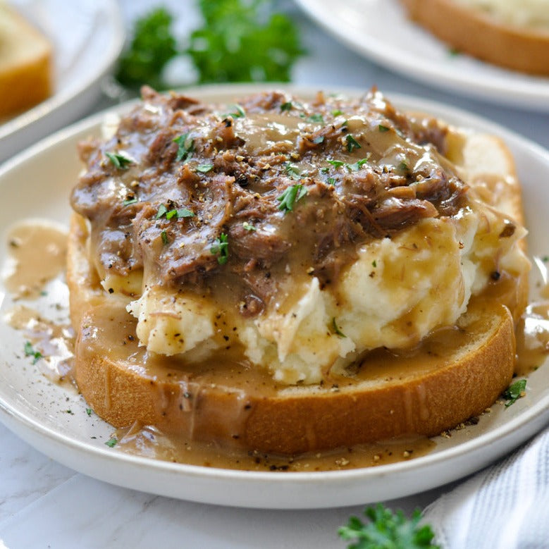 Hot Open Faced Roast Beef Sandwiches with Mashed Potatoes & Gravy 6 Serving