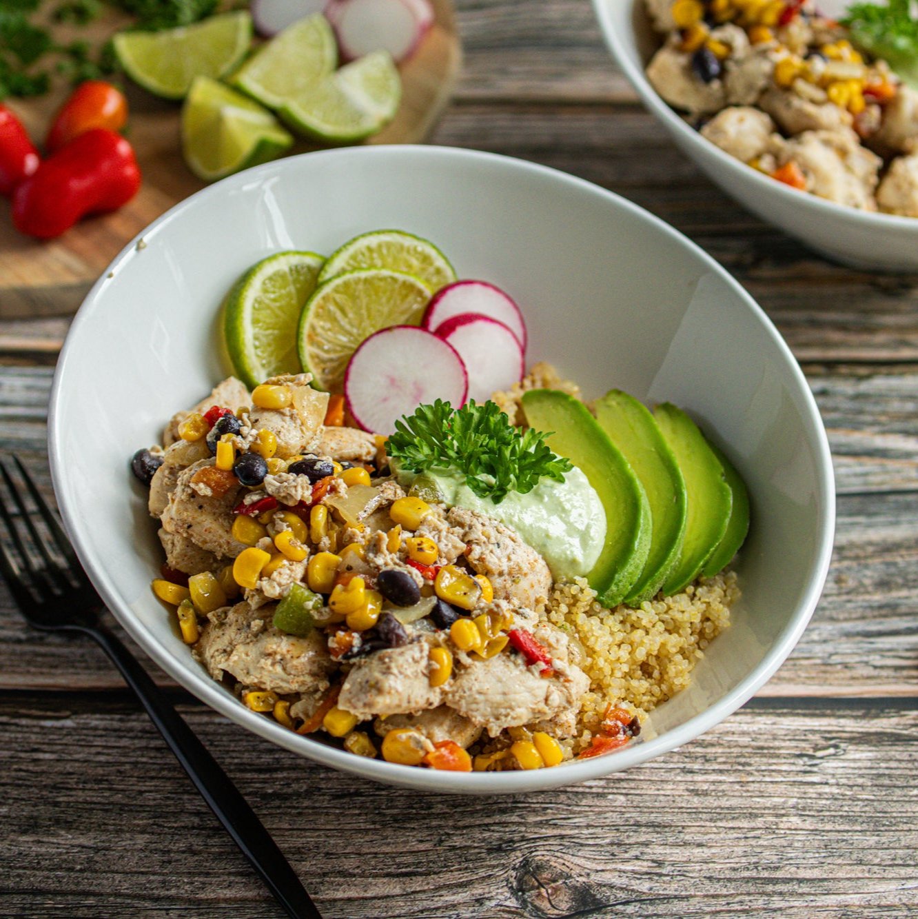 Southwest Chicken Quinoa Bowl with Avocado Cream - Case – Let's Dish! Popup