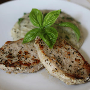 Basil-Garlic Rubbed Pork Chops with Mascarpone Mashed Potatoes