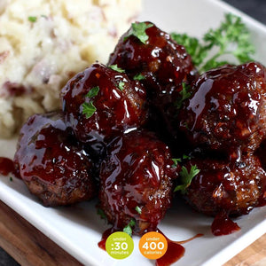 Bourbon Glazed Wild Rice Meatballs with Garlic Butter Cauliflower Rice