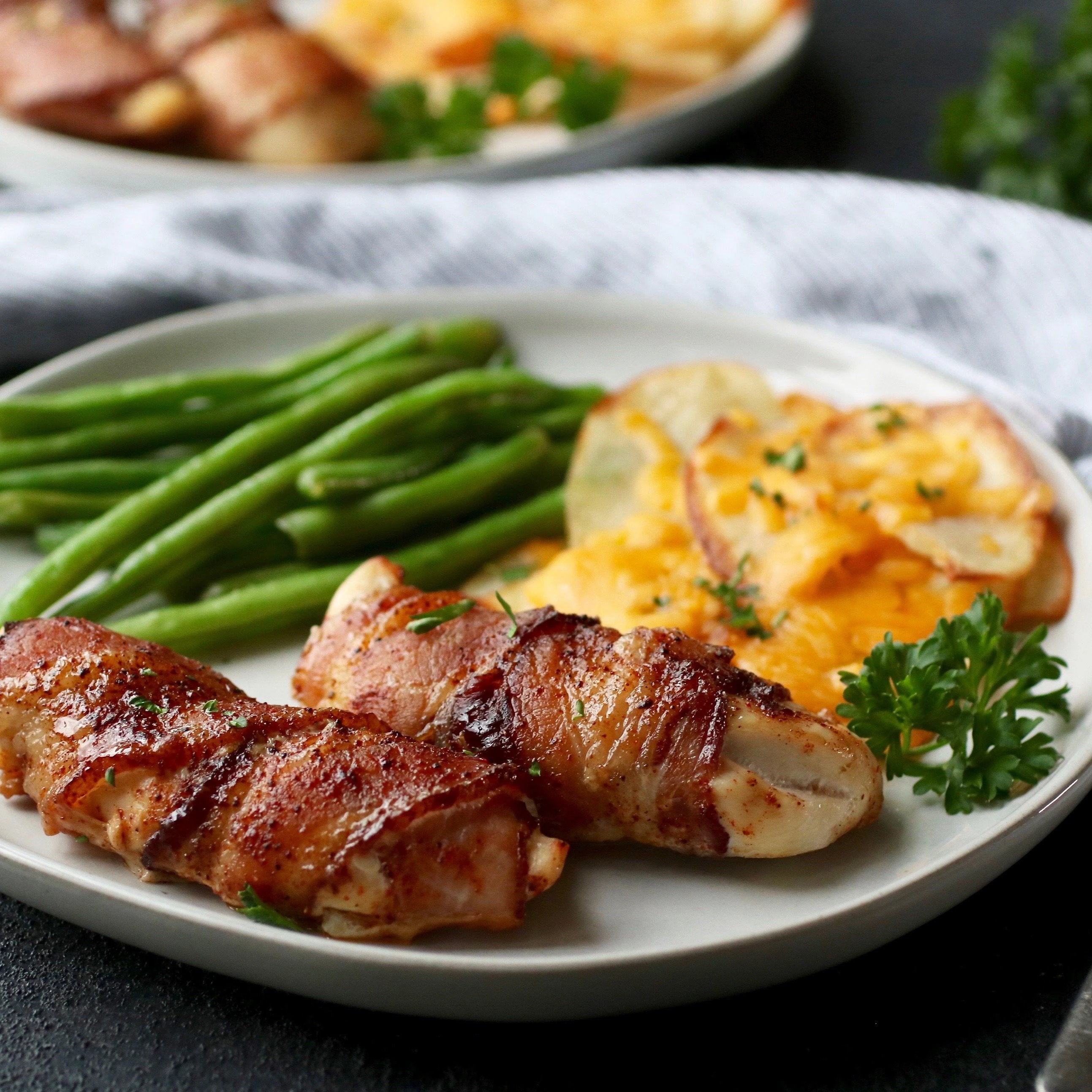 Brown Sugar Bacon-Wrapped Chicken with Cheesy Potatoes