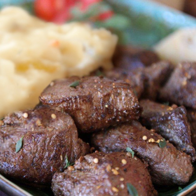 Montreal Steak Tips with Garlic Mashed Potates